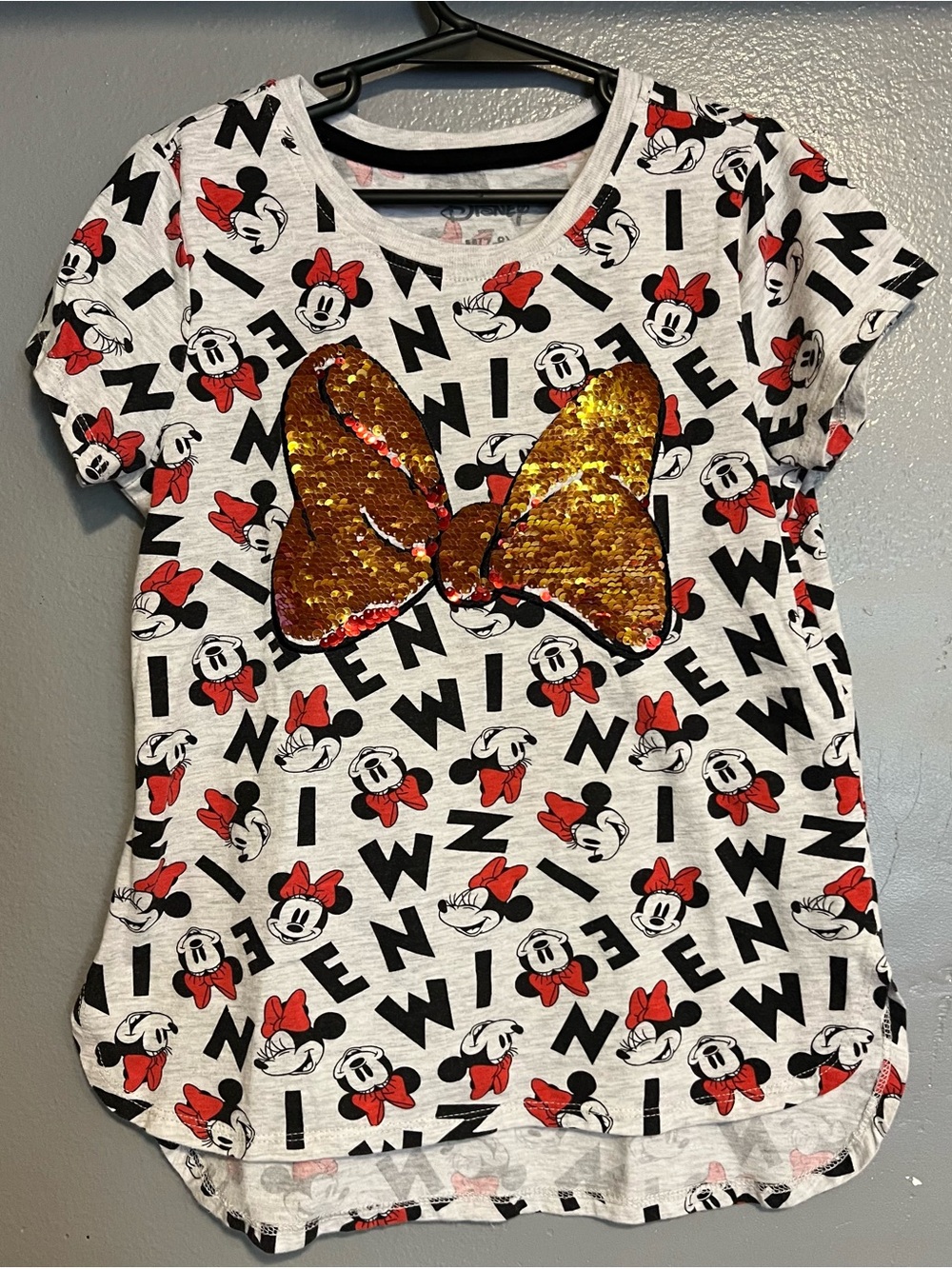 Disney Girls Minnie Mouse Sequin Bow Tee - White, Red & Gold